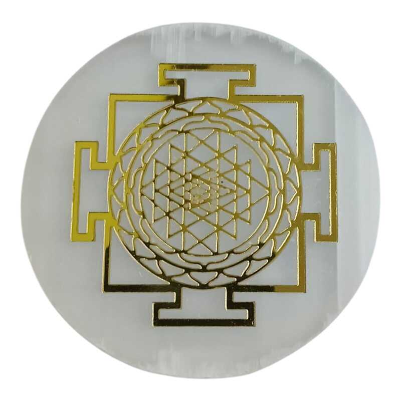 ANKKJYOTI Selenite Charging Air Plate (Shree Yantra Golden Carving) 6" x 1"