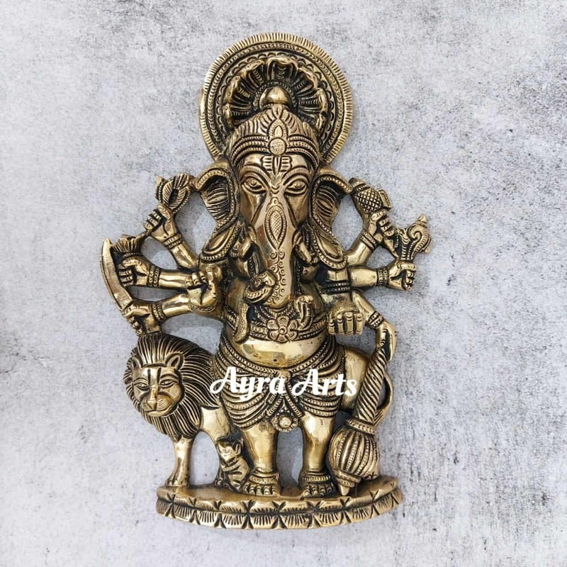 Brass Shuba Drishti Ganapathy with Lion Wall Hanging - 9 inch Height | Buy Online