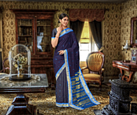 Navy Blue and Royal Blue Gadhwal Silk Saree with Golden Zari with BP