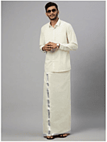 Ramraj Mens Kora Double Dhoti 1" Silver Jari Border Silver Mark