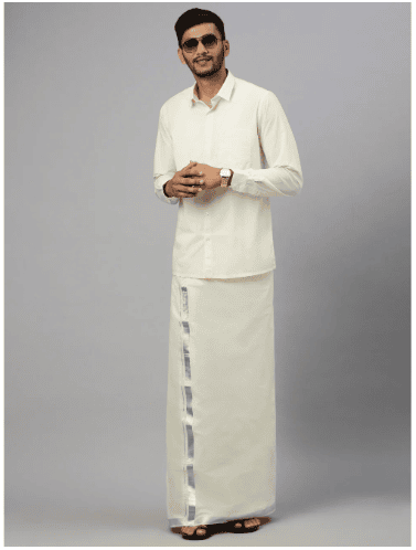 Ramraj Mens Kora Double Dhoti 1" Silver Jari Border Silver Mark