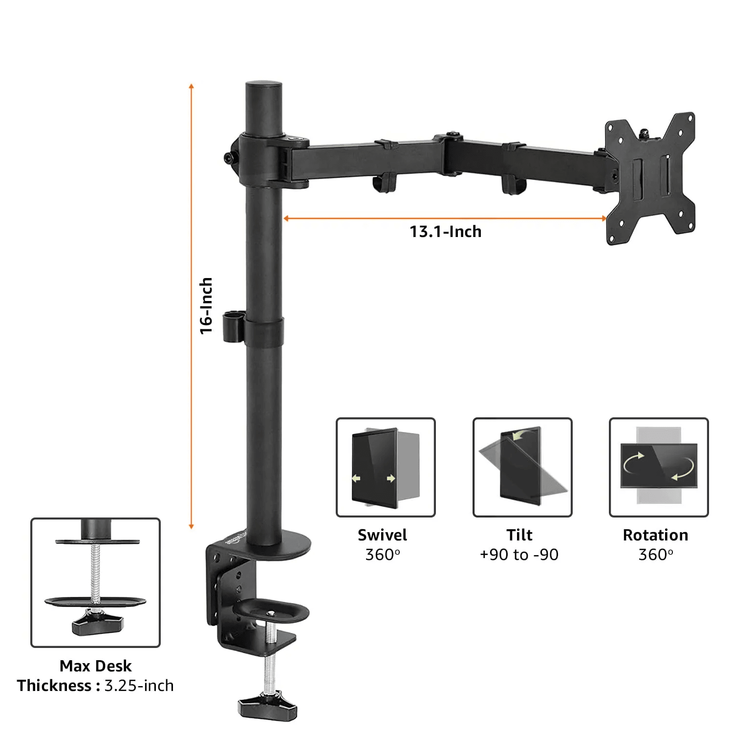 Single Monitor Desk Stand Height Adjustable Arm Mount with Screw-Type Leg Base – Full Motion