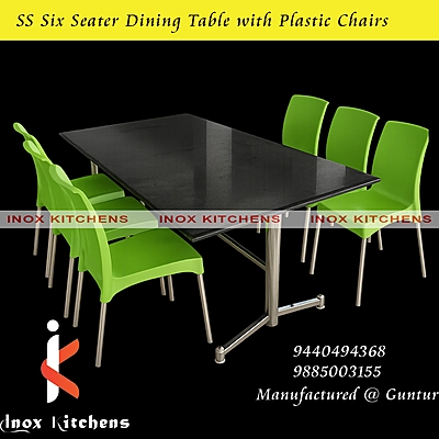 SS  Six Seater Dining Table with Granite Top and Plastic Chairs