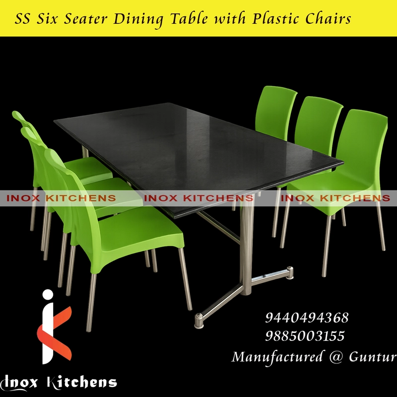 SS  Six Seater Dining Table with Granite Top and Plastic Chairs