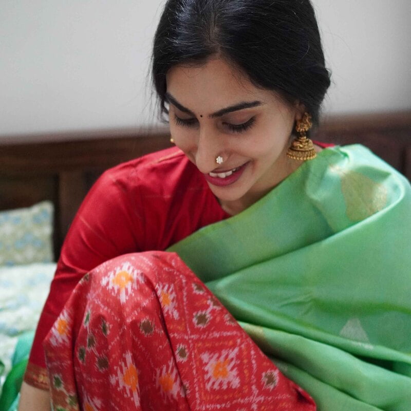 Celery Green Kanchipuram with Scarlet Red