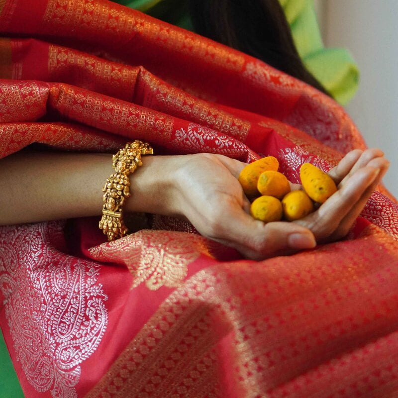 Celery Green Kanchipuram with Scarlet Red