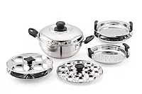 Sonu Stainless Steel Triply Base Multi Kadhai with mini, Dhokla, steamer & regular idly plates