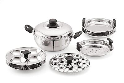 Sonu Stainless Steel Triply Base Multi Kadhai with mini, Dhokla, steamer & regular idly plates
