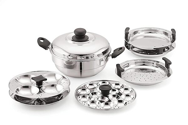 Sonu Stainless Steel Triply Base Multi Kadhai with mini, Dhokla, steamer & regular idly plates