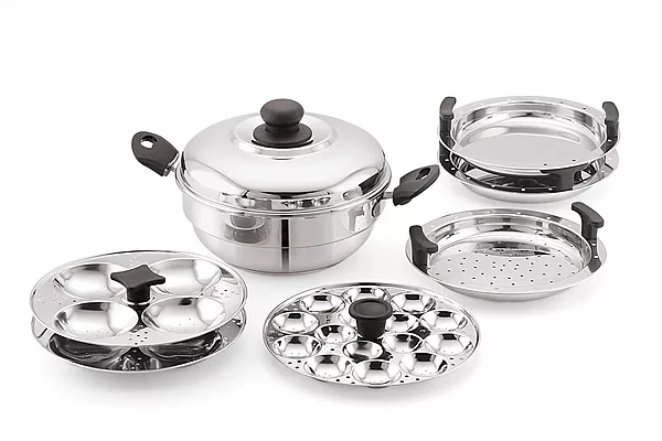Sonu Stainless Steel Triply Base Multi Kadhai with mini, Dhokla, steamer & regular idly plates