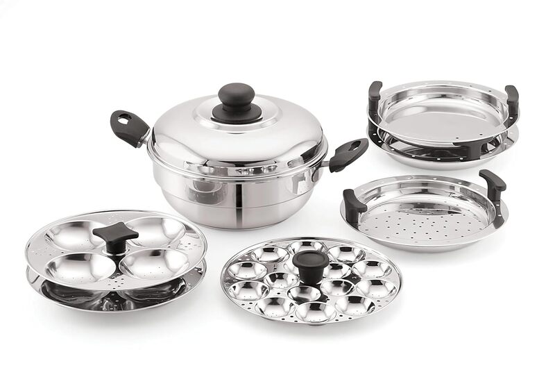 Sonu Stainless Steel Triply Base Multi Kadhai with mini, Dhokla, steamer & regular idly plates