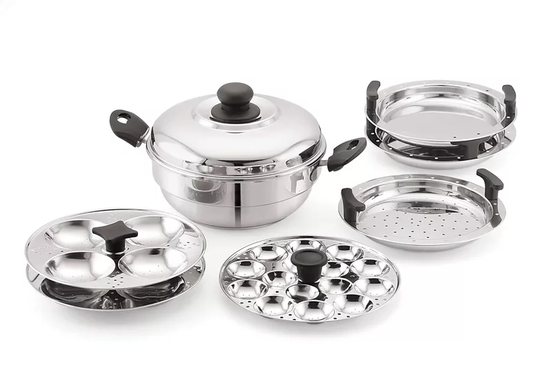 Sonu Stainless Steel Triply Base Multi Kadhai with mini, Dhokla, steamer & regular idly plates