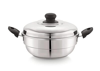 Sonu Stainless Steel Triply Base Multi Kadhai with mini, Dhokla, steamer & regular idly plates