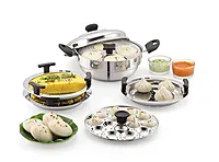 Sonu Stainless Steel Triply Base Multi Kadhai with mini, Dhokla, steamer & regular idly plates