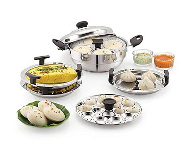 Sonu Stainless Steel Triply Base Multi Kadhai with mini, Dhokla, steamer & regular idly plates