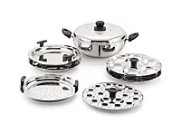 Sonu Stainless Steel Triply Base Multi Kadhai with mini, Dhokla, steamer & regular idly plates