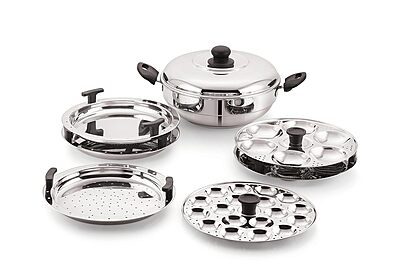 Sonu Stainless Steel Triply Base Multi Kadhai with mini, Dhokla, steamer & regular idly plates