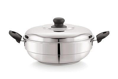 Sonu Stainless Steel Triply Base Multi Kadhai with mini, Dhokla, steamer & regular idly plates