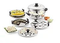 Sonu Stainless Steel Triply Base Multi Kadhai with mini, Dhokla, steamer & regular idly plates
