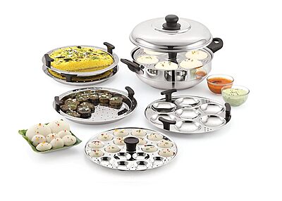 Sonu Stainless Steel Triply Base Multi Kadhai with mini, Dhokla, steamer & regular idly plates