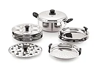 Sonu Stainless Steel Triply Base Multi Kadhai with mini, Dhokla, steamer & regular idly plates