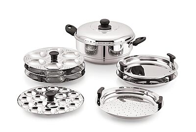 Sonu Stainless Steel Triply Base Multi Kadhai with mini, Dhokla, steamer & regular idly plates