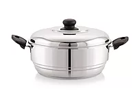 Sonu Stainless Steel Triply Base Multi Kadhai with mini, Dhokla, steamer & regular idly plates