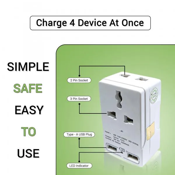 Spike 2+2 Mulktipurpose Conversion Plug | 10 Amp Socket With USB port | Heavy Duty Multi Plug Extension Cord for Office, Home Spike 2+2 Mulktipurpose Conversion Plug | 10 Amp Socket With USB port | Heavy Duty Multi Plug Extension Cord for Office, Home