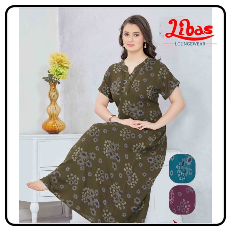 Alimonite brown Plus Size Premium Spun Cotton Nighty with Floral Design From Libas Loungewear-ps544