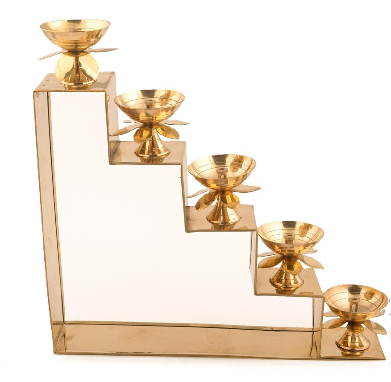 Five Steps Decorative Brass Diya for Puja & Gifting - 10 inch Height