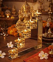 Five Steps Decorative Brass Diya for Puja & Gifting - 10 inch Height