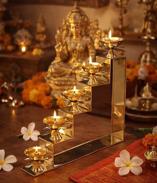 Five Steps Decorative Brass Diya for Puja & Gifting - 10 inch Height
