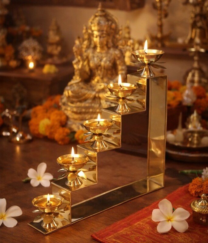 Five Steps Decorative Brass Diya for Puja & Gifting - 10 inch Height