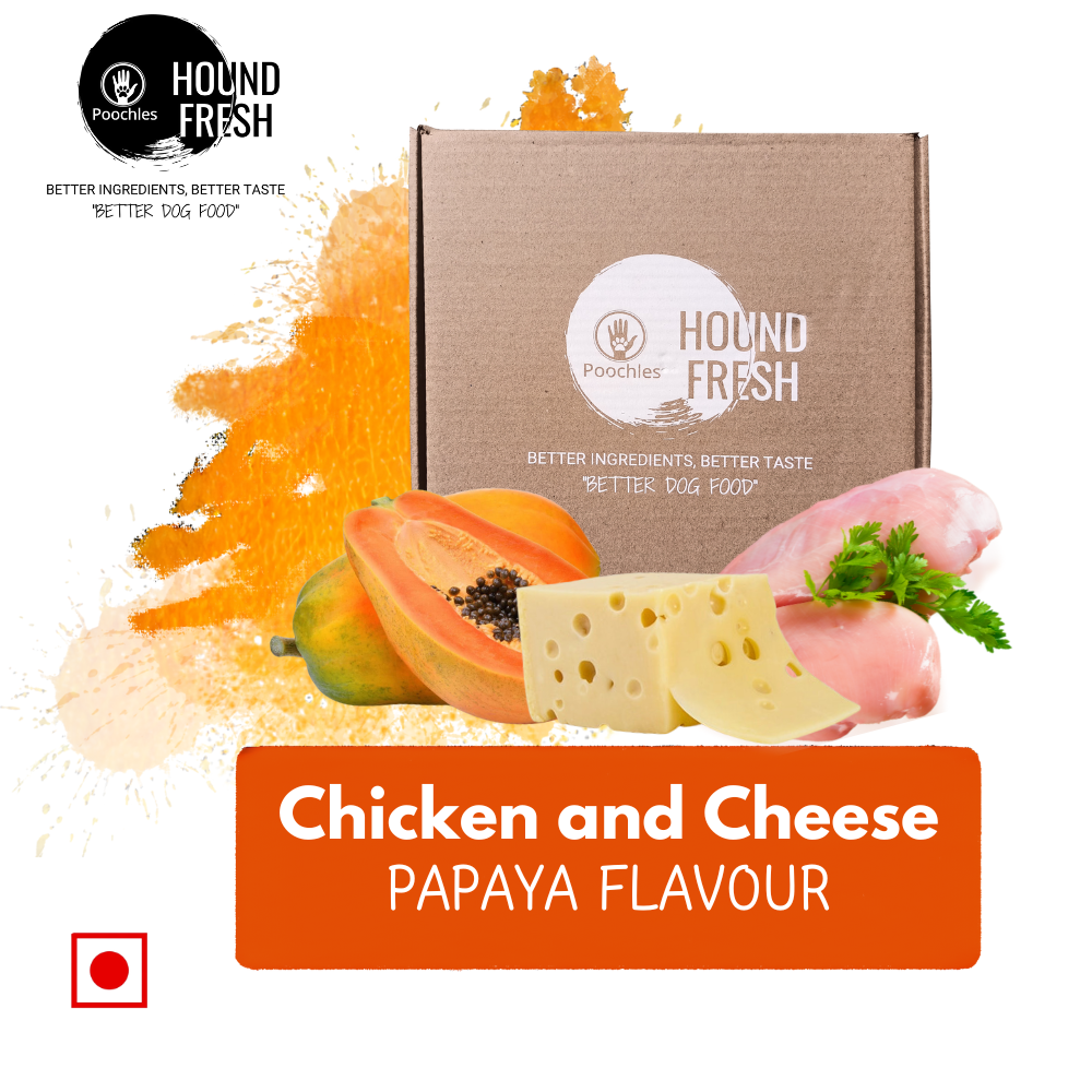 Hound Fresh Chicken and Cheese Dog Fresh Food, Papaya Flavoured Hound Fresh Chicken and Cheese Dog Fresh Food, Papaya Flavoured
