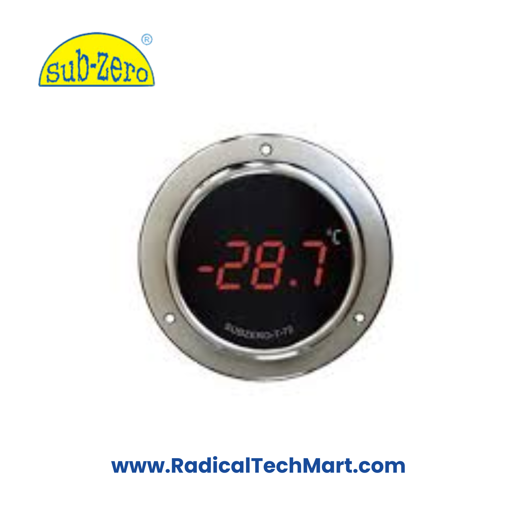 Subzero T-72 digital temperature indicator showing 7-segment LED display in a panel-mount housing