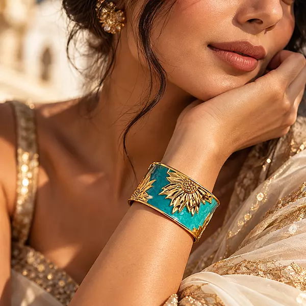 Solmira Turquoise Sunflower Gold-Tone Cuff Bracelet
