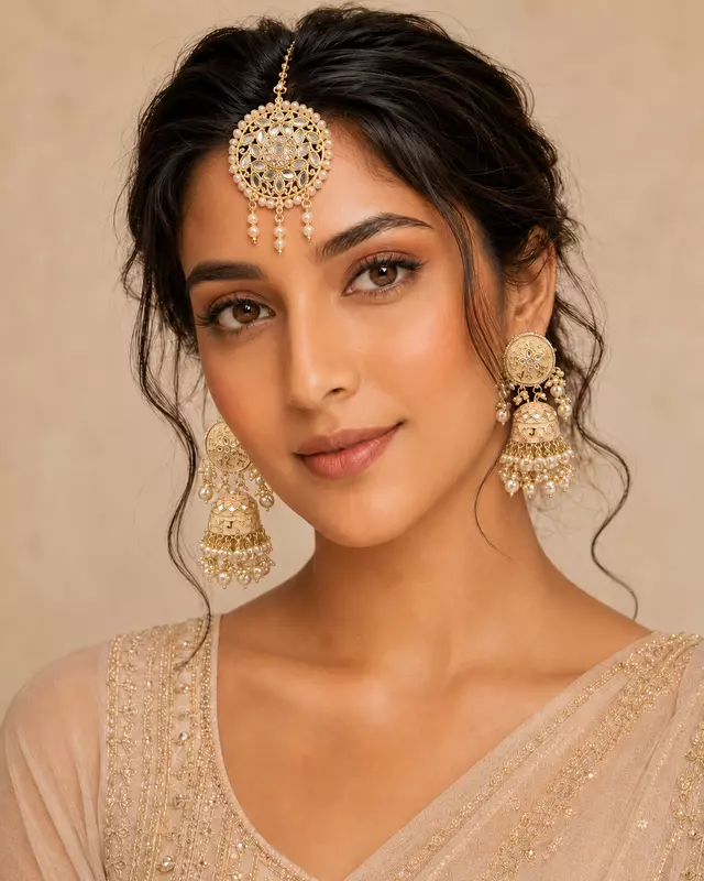 Aaradhya Pearl Jhumka Earrings with Maang Tikka Set