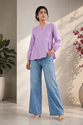 Women's Lilac Cotton Denim Peplum Top | Round Neck V-Notch | Full Sleeve Casual Top Women's Lilac Cotton Denim Peplum Top | Round Neck V-Notch | Full Sleeve Casual Top