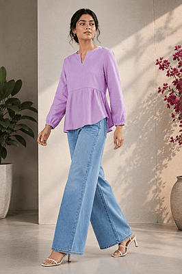 Women's Lilac Cotton Denim Peplum Top | Round Neck V-Notch | Full Sleeve Casual Top Women's Lilac Cotton Denim Peplum Top | Round Neck V-Notch | Full Sleeve Casual Top