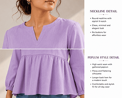Women's Lilac Cotton Denim Peplum Top | Round Neck V-Notch | Full Sleeve Casual Top Women's Lilac Cotton Denim Peplum Top | Round Neck V-Notch | Full Sleeve Casual Top