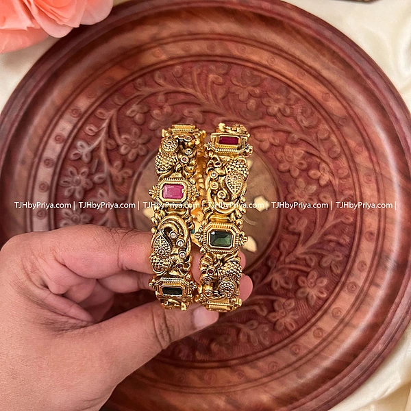 Traditional Peacock Design With Stones Open Lock Type Bangles (TJH 360)