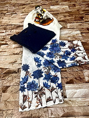 Chikan Kurti With Chikan Digital Printed Floral Palazzo-NavyBlue
