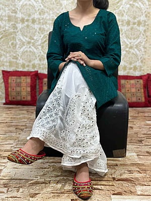 Chikan Kurti Lucknowi Palazzo Set-BottleGreen