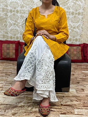 Chikan Kurti Lucknowi Palazzo Set-Mustard