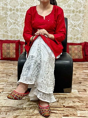 Chikan Kurti Lucknowi Palazzo Set-Red