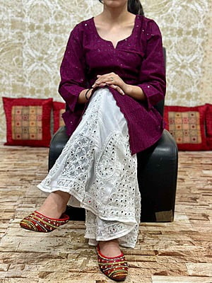 Chikan Kurti Lucknowi Palazzo Set-Wine