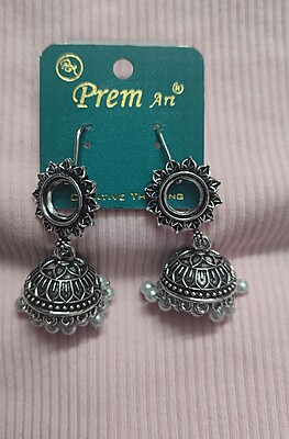 Traditional Ethnic Statement Jhumka Stones Earrings in Oxidized Silver Finish for Girls & Women