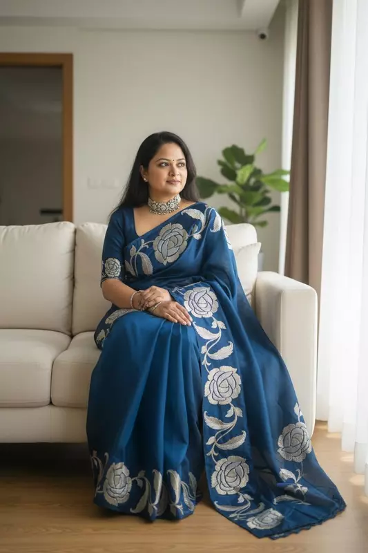 Tussar silk floral embroidery