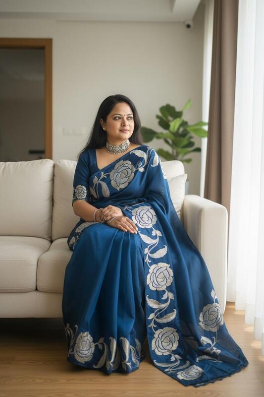 Tussar silk floral embroidery