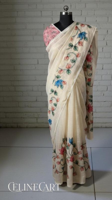 Cream Floral Organza Saree